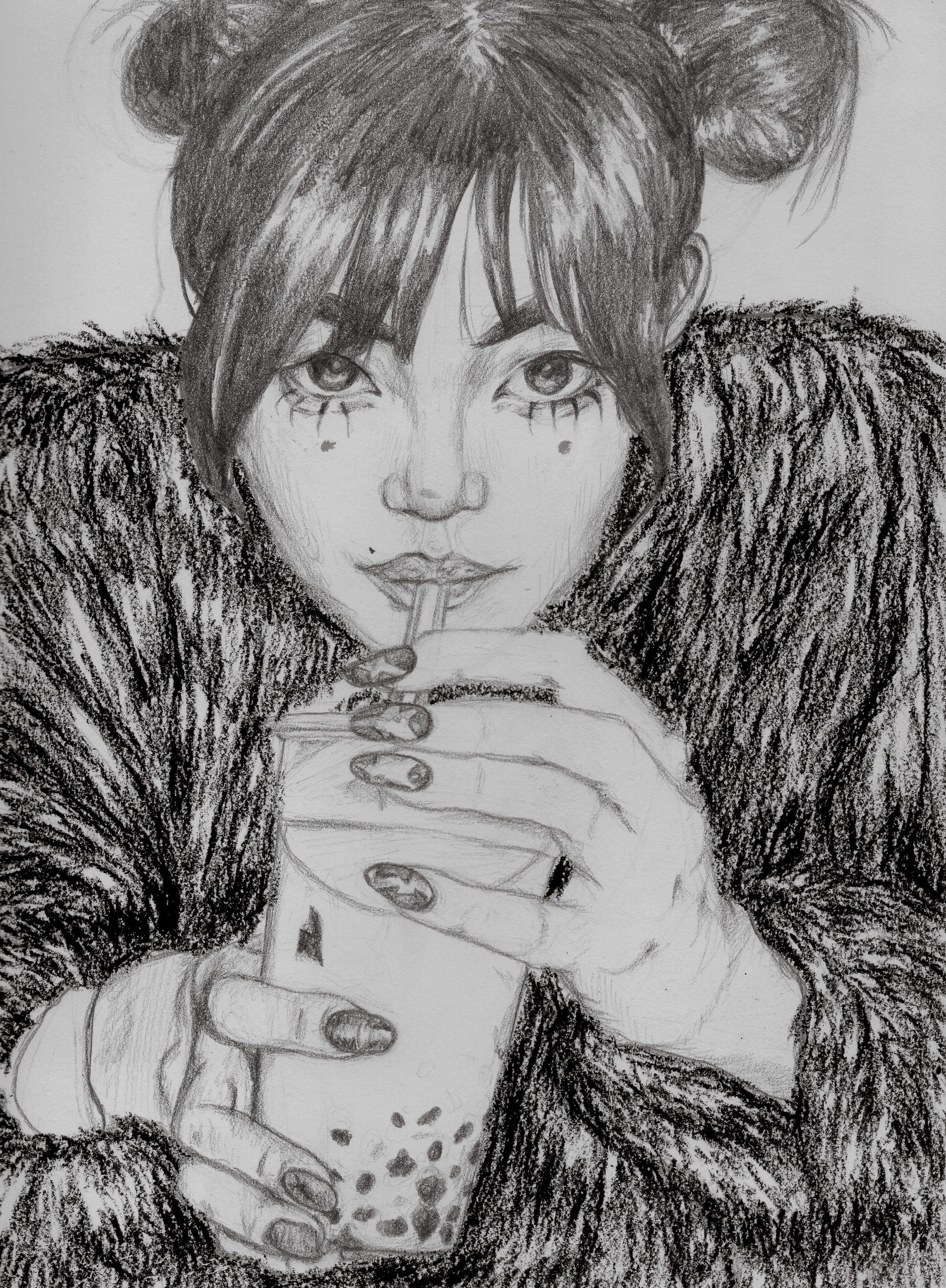 Boba, graphite and oil crayon, 2020