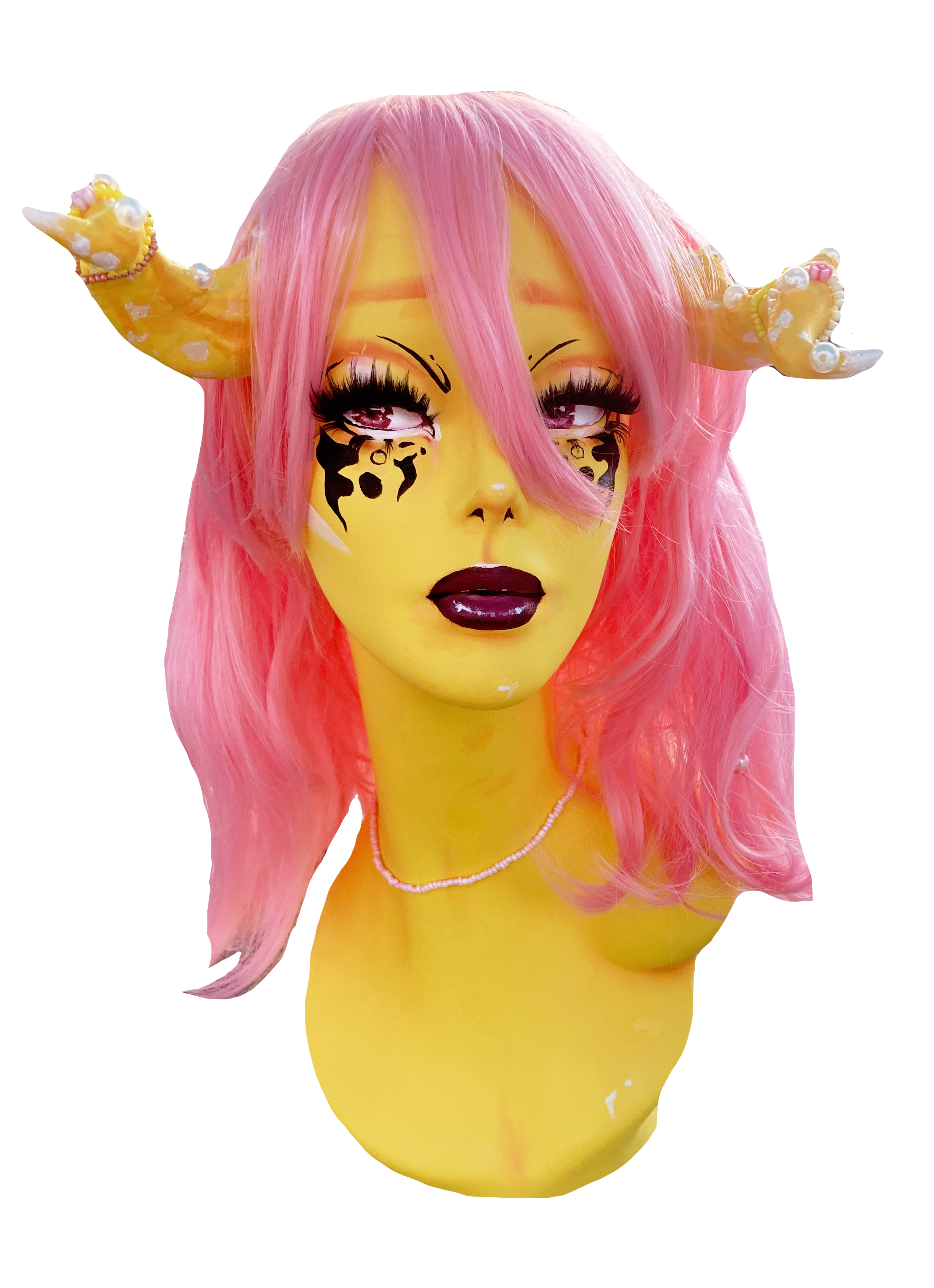 Demon Girl (2), mannequin head, spraypaint, plastic horns, pearls, acrylic, and other accessories, 2021