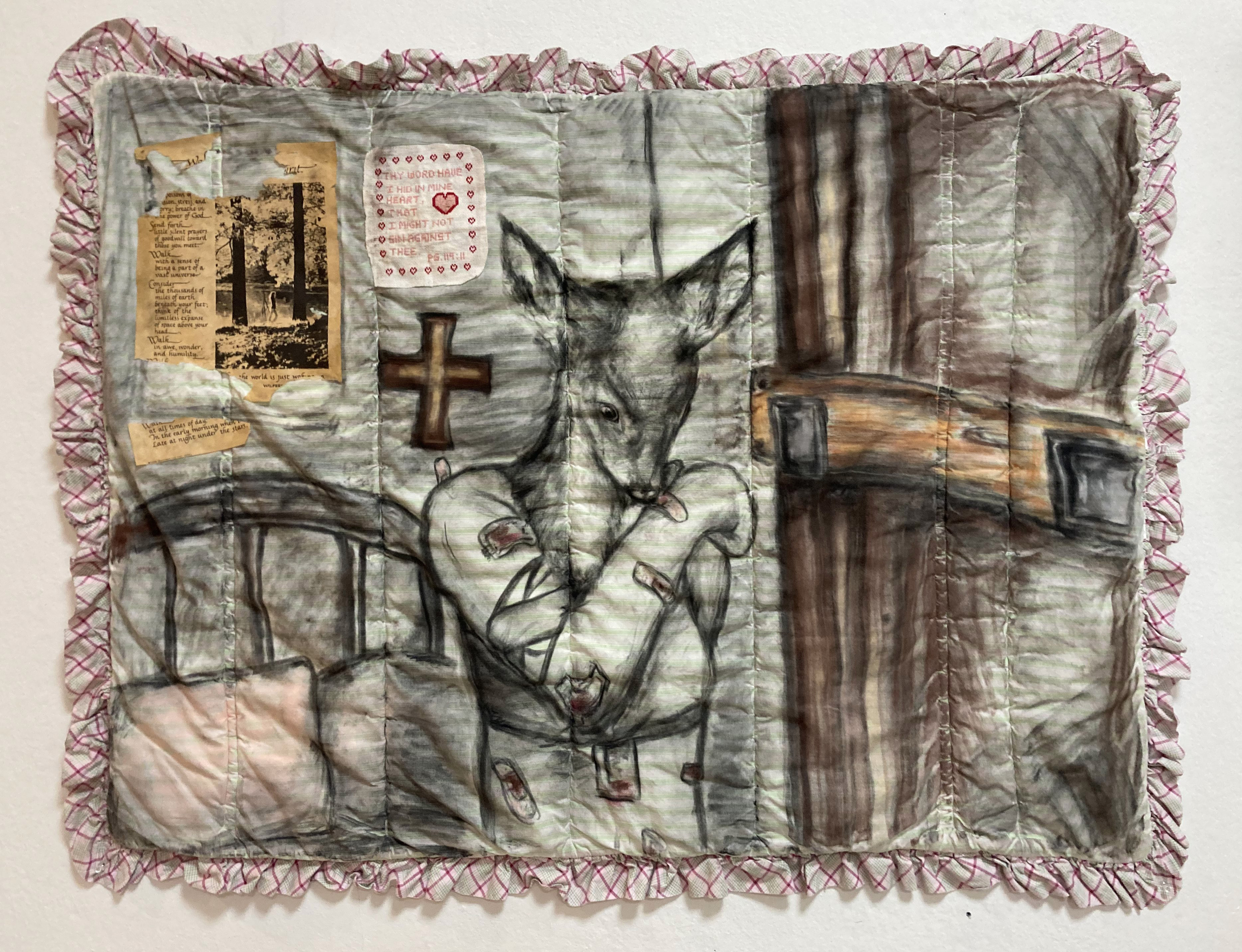 Sixteen, charcoal on a repurposed blanket with thrifted pieces, 2023