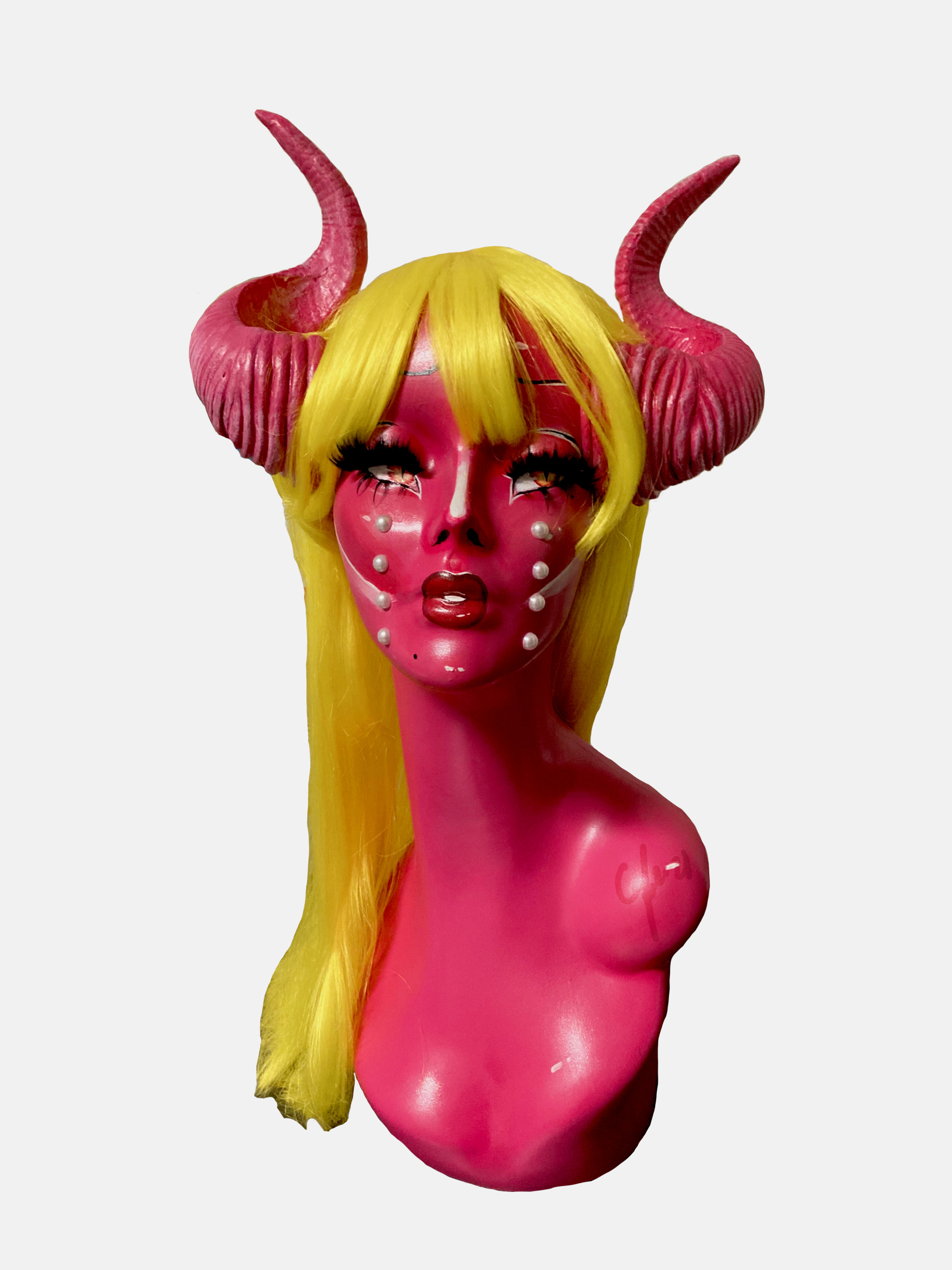 Demon Girl (1),mannequin, spraypaint, plastic horns, pearls, acrylic, and other accessories, 2021